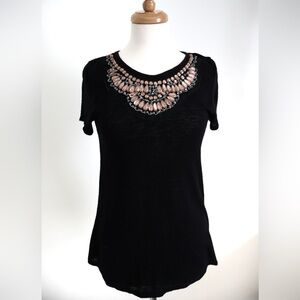 Rose Gold Beaded Neckline Black Blouse with Bow Tie in Back